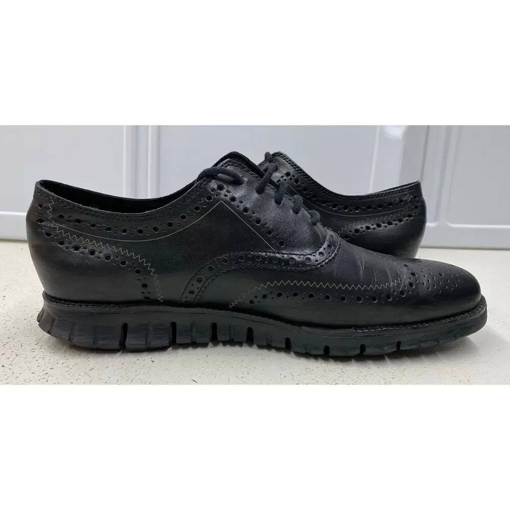 Men Cole Haan Zerogrand Wing-Tip Oxford solid black leather dress shoes, 10.5M